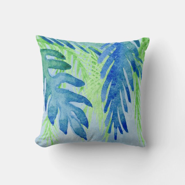 Coussin Aquarelle Tropical Feuilles Beach Ocean Blue Green (Recto)