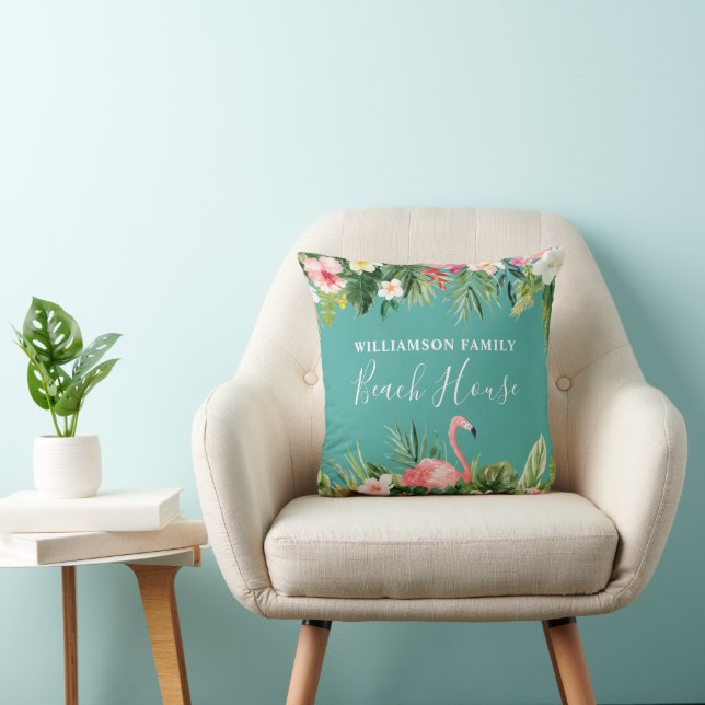 Coussin Aquarelle Tropical Floral Nom de famille Maison de (Chaise)