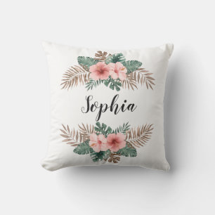 Coussin Aquarelle Tropical Floral Wreath Texte personnalis