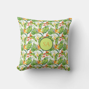 Coussin Aquarelle Tropical Green Monstera & Feuilles orang