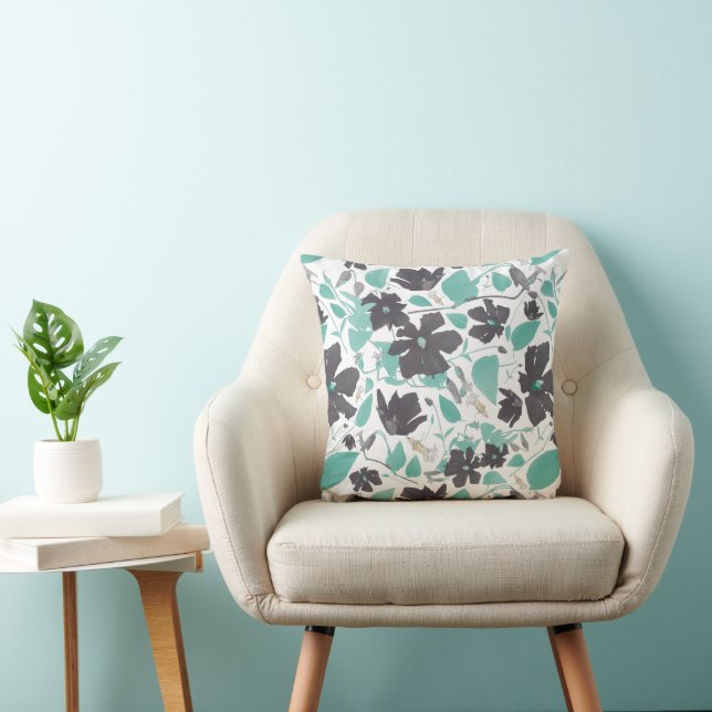 Coussin Aquarelle Turquoise de gris peint Clematis Floral (Chaise)