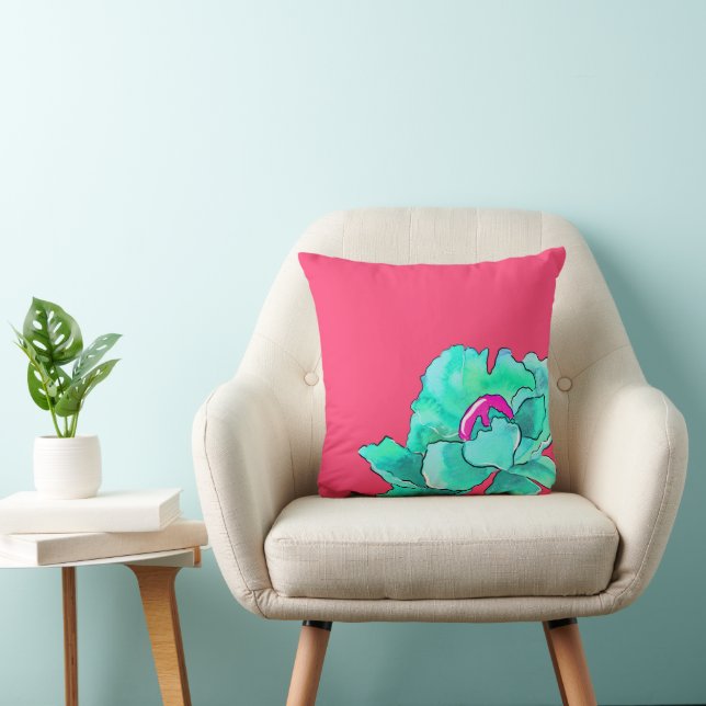 Coussin Aquarelle Turquoise Fleur De Pavot Sur Fuchsia (Chaise)
