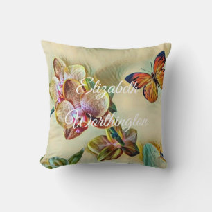 Coussin Aquarelle vintage Fleurs d'orchidée rose jaune