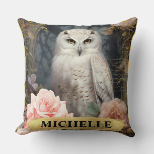 Coussin Aquarelle Vintage Hibou Blanc et Roses Roses