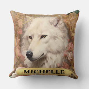 Coussin Aquarelle Vintage Loup Blanc et Roses Roses
