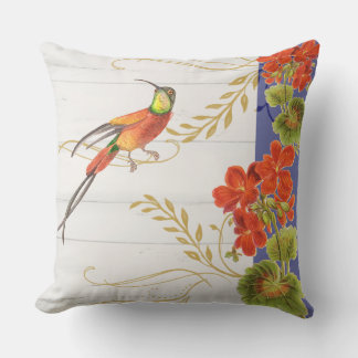 Coussin Aquarelle vintage Oiseau de colibri Géranium rouge