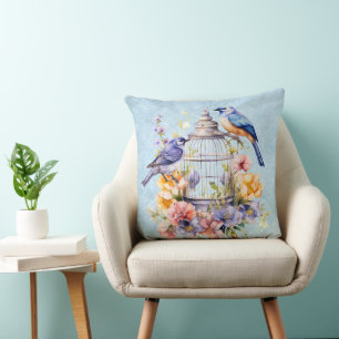 Coussin Aquarelle Vintage romantique Florale Birdcage