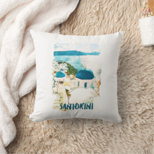 Coussin Aquarelle Vintage voyage de Santorin Grèce