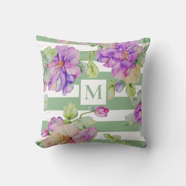 Coussin Aquarelle violet vert floral bandes blanches (Recto)