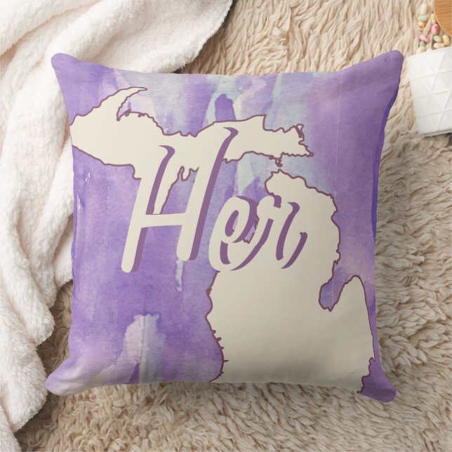 Coussin Aquarelle violette personnalisée de l'État du Mich (Couverture)