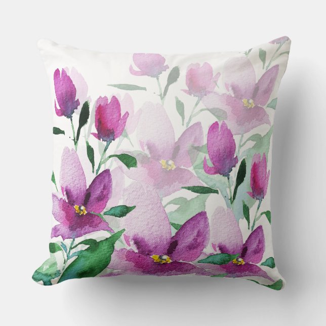 Coussin Aquarelle violette violet Floral peint à la main (Recto)