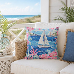 Coussin Aquarelle Voilier Tropical Rose Côté Mer Extérieur