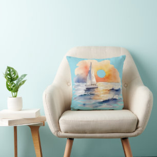 Coussin Aquarelle Voilier Voilier Nautique Coucher de sole