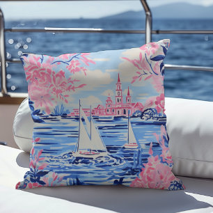 Coussin Aquarelle Voiliers Blancs Eaux Bleues Floral Rose