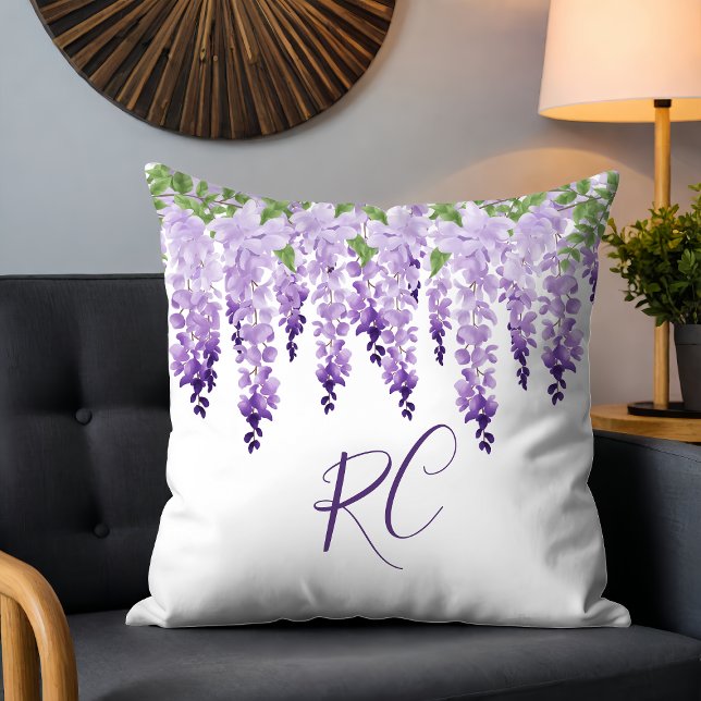 Coussin Aquarelle Wisteria Monogramme personnalisé (Créateur téléchargé)