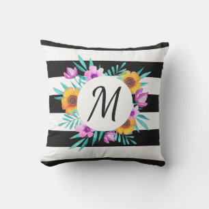 Coussin Aquarelles cool Floral Noir rayé Monogramme