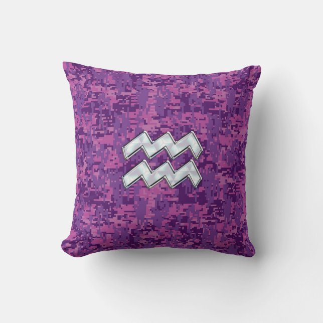 Coussin Aquarius Zodiac Sign on fuchsia digital camouflage (Recto)