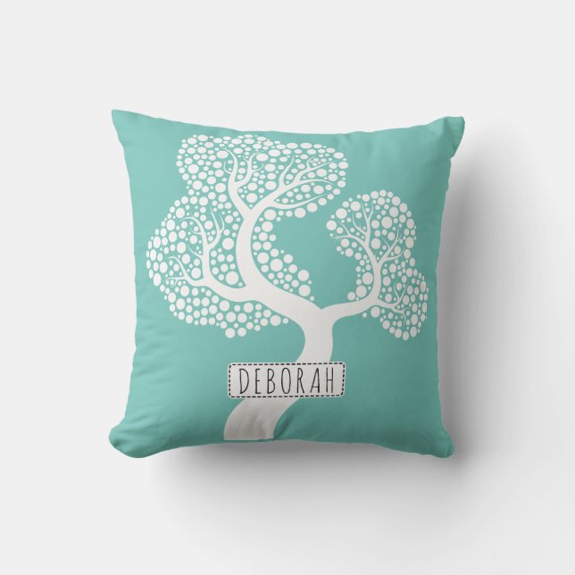 Coussin Arbre de cercle abstrait blanc et nom sur turquois (Recto)
