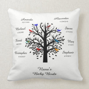 Coussin Arbre de grand-maman, noir le blanc, 8 noms et les