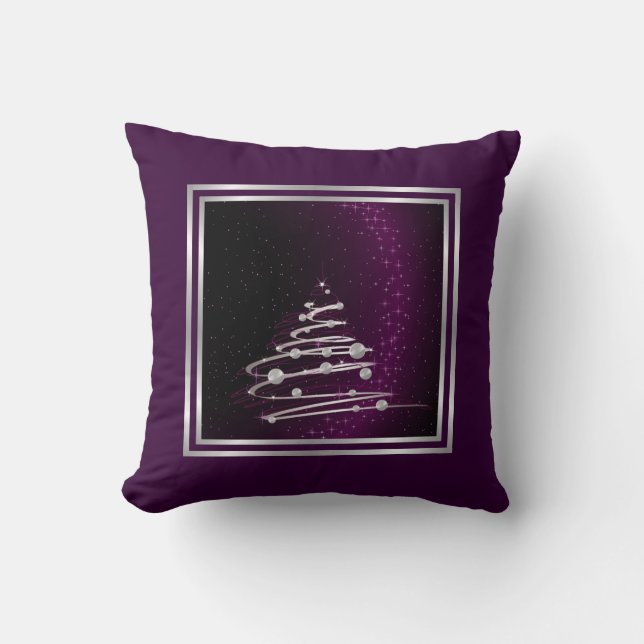 Coussin Arbre de Noël abstrait argent sur violet (Recto)