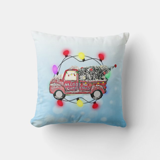 Coussin Arbre de Noël bleu et violet à l'arrière du camion (Recto)