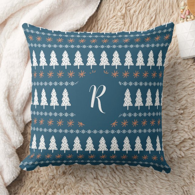Coussin Arbre de Noël d'hiver moderne Motif Monogramme ble (Couverture)