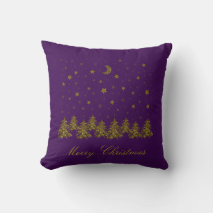 Coussin Arbre de Noël en or brillant, lune, étoiles sur vi