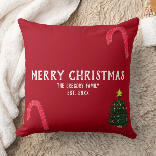 Coussin Arbre de Noël Sucres de canne Nom de famille Rouge (Couverture)