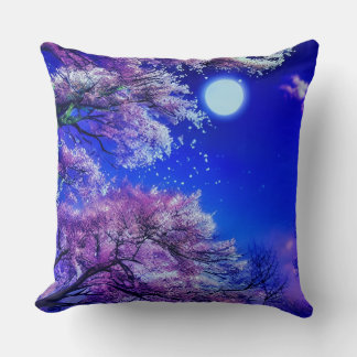 Coussin Arbre de printemps, lune, ciel bleu.