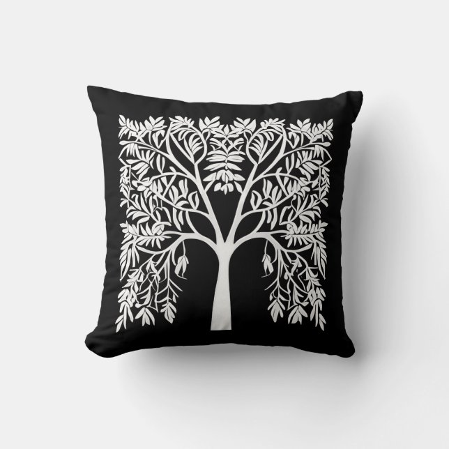 Coussin Arbre de vie #1 Blanc sur Noir (Recto)