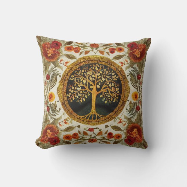 Coussin Arbre de vie par kedoki Orange Green White (Recto)
