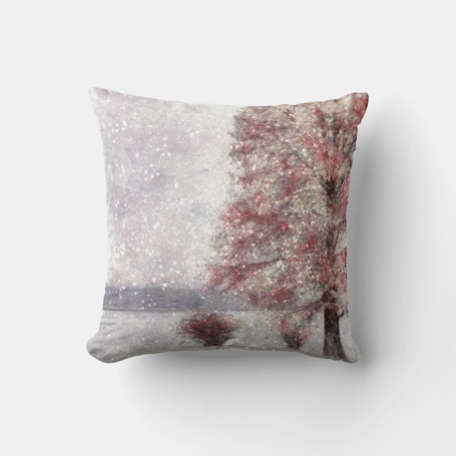 Coussin Arbre près du lac Quelques Feuilles rouges et neig (Recto)