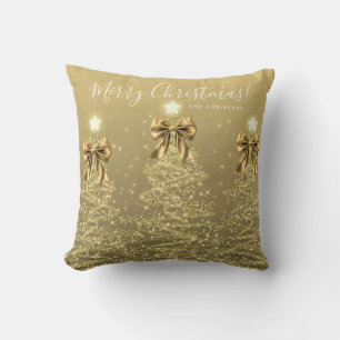 Coussin Arbres de Noël dorés pour les fêtes avec nom