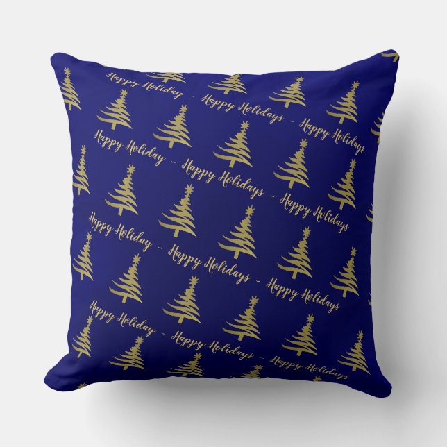 Coussin Arbres de Noël en or sur bleu (Recto)