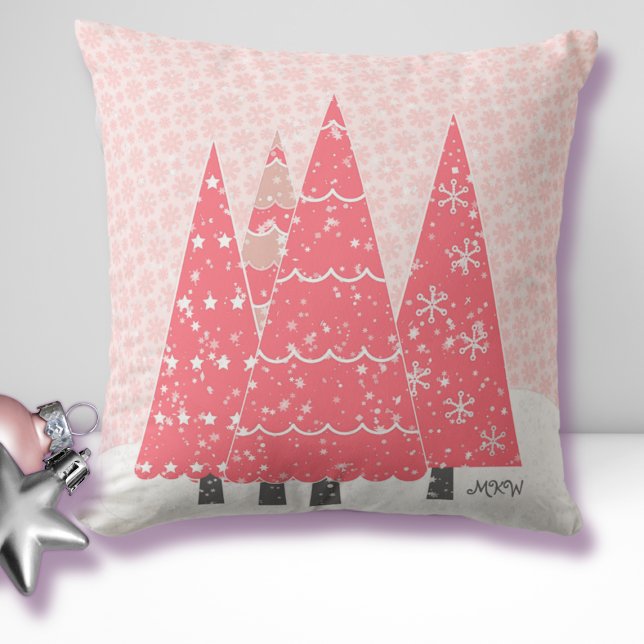 Coussin Arbres de Noël rose moderne Monogramme Jeu d'oreil (Créateur téléchargé)