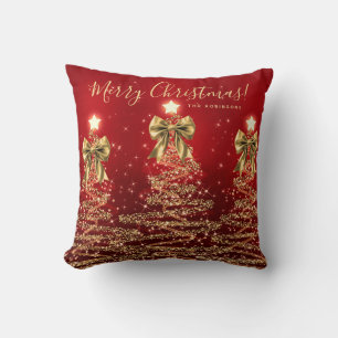 Coussin Arbres de Noël rouges dorés de fête avec nom