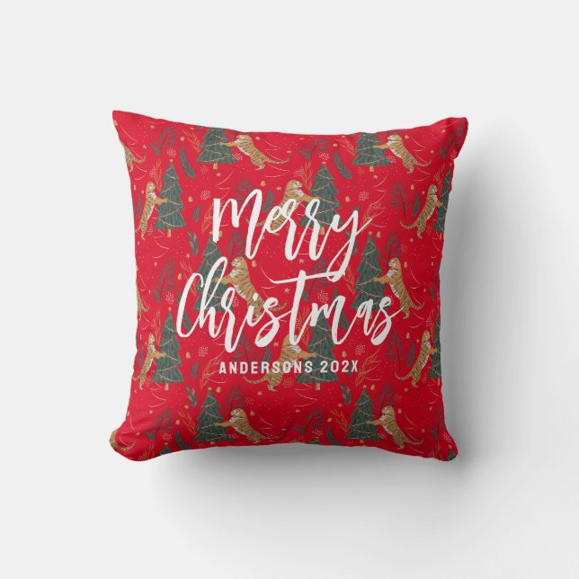 Coussin Arbres de Noël & tigres motif rouge arrière - plan (Recto)