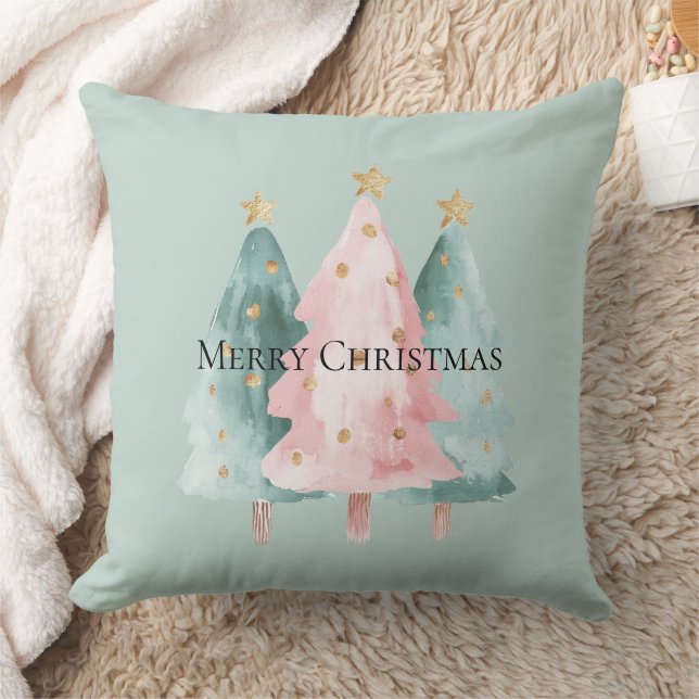Coussin Arbres de Noël verts roses étoiles d'or (Couverture)