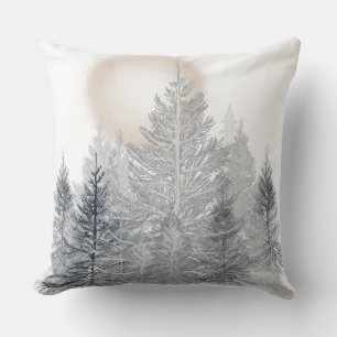 Coussin Arbres d'hiver et soleil, Noir et blanc givrés