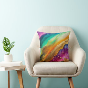 Coussin Arc-en-ciel brillant Résumé Aquarelle Encre Feuill
