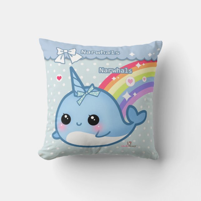 Coussin Arc-en-ciel mignon narwhal sur le pois blanc et (Recto)