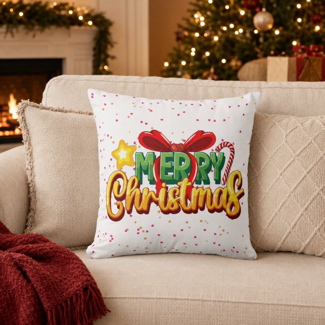 Coussin Arc-en-ciel Noël Bow et Canne à Sucre (Créateur téléchargé)