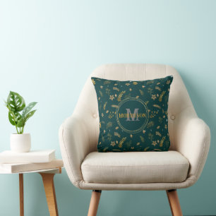 Coussin Arche d'or de Noël élégant monogramme moderne vert