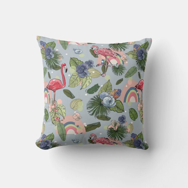 Coussin Arcs-en-ciel et flamants roses dans les feuilles t (Recto)