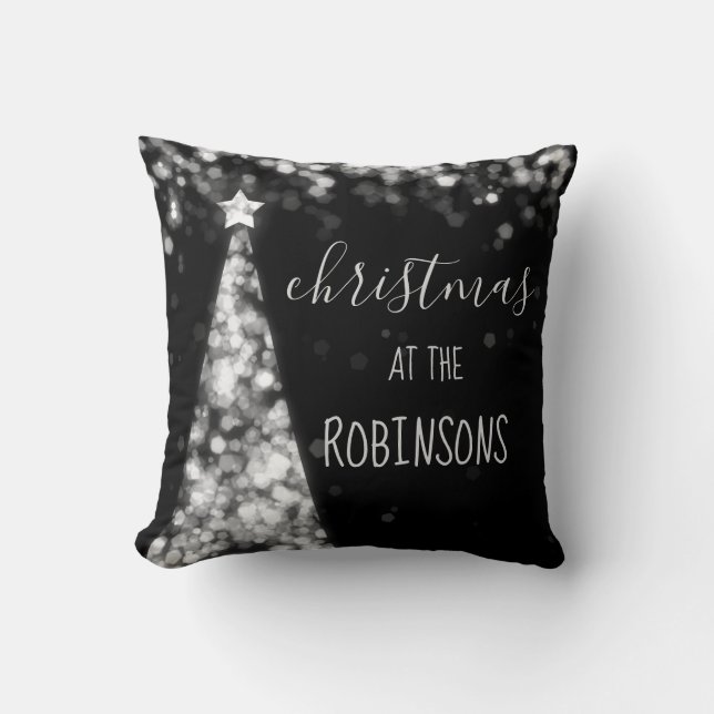 Coussin Argent de scintillement d'arbres de Noël de nom de (Recto)