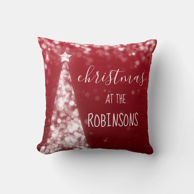 Coussin Argent de scintillement et rouge d'arbres de Noël (Recto)