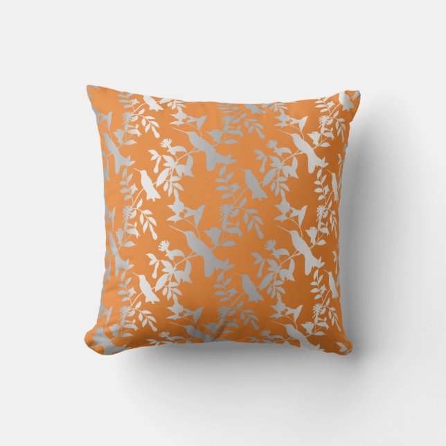 Coussin Argent Gris Métallique Floral Humming-birds Orange (Recto)