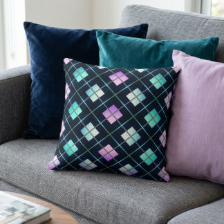 Coussin Argyle noir, bleu et rose de style rétro sci-fi de