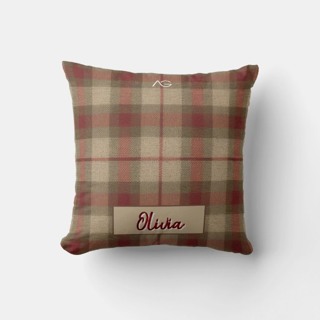 Coussin Aria Grace Olive & Wheat Rustic Plaid Pattern Name (Recto)