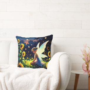 Coussin Arrière - plan de tournesol avec une fée et des lu